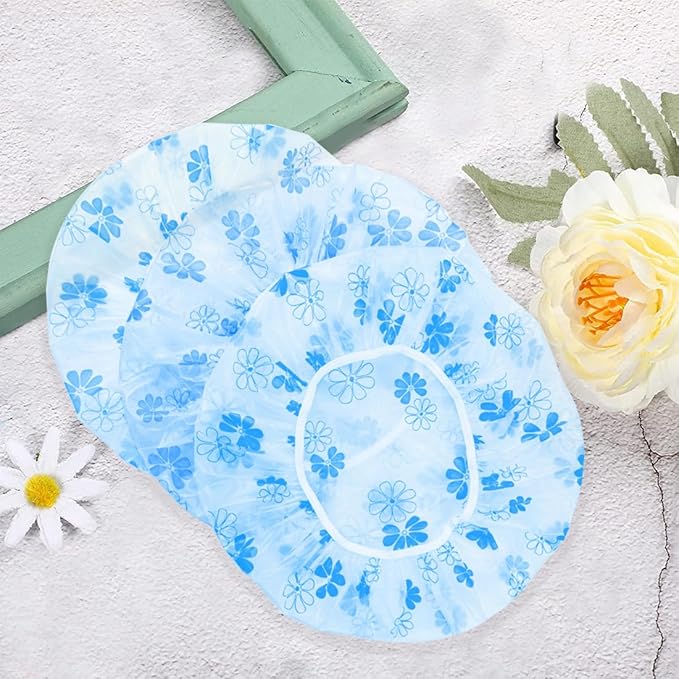 18Pcs Plastic Shower Caps for Women Waterproof Bath Caps Bathing Hair Cap Reusable Shower Caps for Shower,Spa,Salon,Housework,Girls,Home,Travel (Blue-Flower)