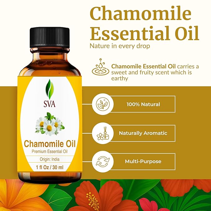 SVA Chamomile Essential Oil – 1 Fl Oz – 100% Natural Chamomile Oil - for Diffuser, Hair Care, Face, Skin Care, Aromatherapy, Scalp and Body Massage, Soap and Candle Making – with Dropper
