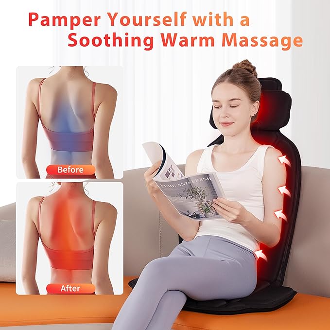 Back Massager with Heat，Vibration Massage Chair Pad with 5 Massage Modes & Adjustable Heat Levels, Memory Foam Back Massager Cushion for Office Chair, or Home Use，Midnight