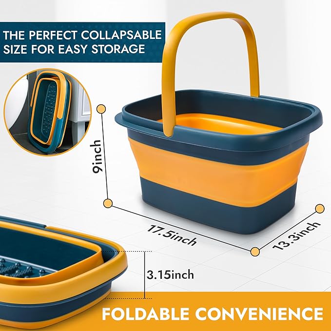 AllSett Health Collapsible Foot Bath – Advance Soaking Tub with Portable Design and Handle – Foldable Pedicure Foot Spa Bowl – Compact and Lightweight Soak with Acupressure Points, Blue and Orange