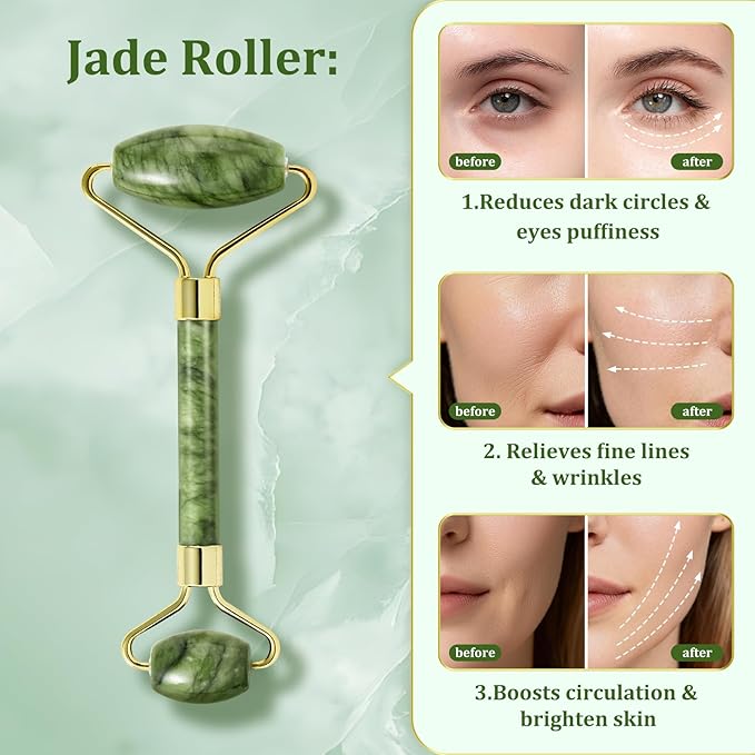 MANLENO Jade Roller & Gua Sha Set - Natural Jade Face Roller Facial Massage Skincare Tools for Women,Reduce Puffiness and Fine Lines (Forest Green)