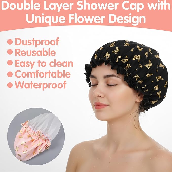 Yuanchu 4 Pcs Waterproof Shower Caps for Women, Elastic Band Bath Caps Reusable Shower Hat Double Layer Shampoo Cap for Washing Hair Bathing SPA Makeup Cooking