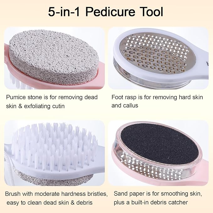 Foot Scrubber Brush with Pumice Stone for Feet 5-in-1, 3Pcs Foot File Callus Remover Pedicure Tool, Stainless Steel Feet Scraper, Cleaning Brush & Sand Paper Debris Catcher, Soft Smooth Feet