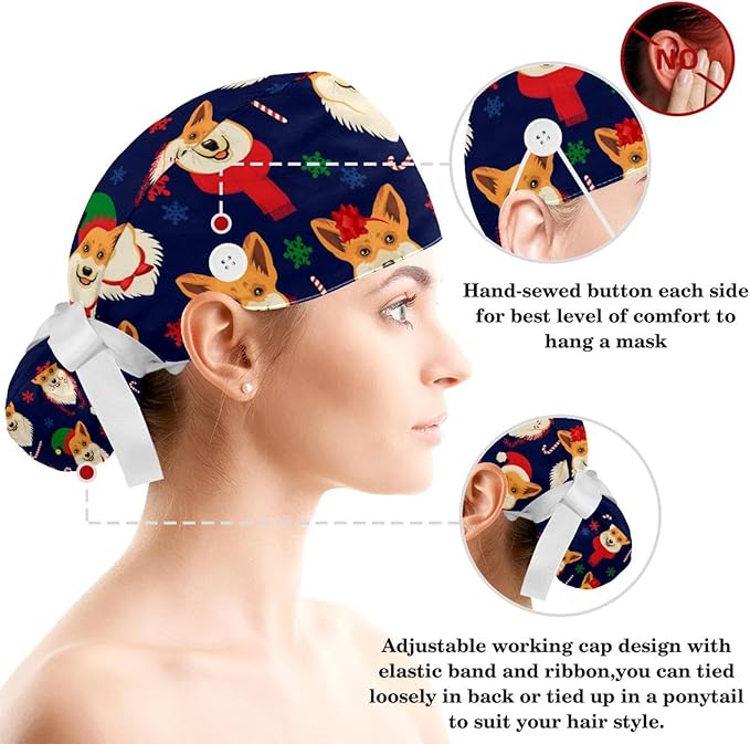 Adjustable Brown Dachshund Dog Blue Surgical Scrub Cap with Button,Sweatband for Women with Bow Hair Scrunchy