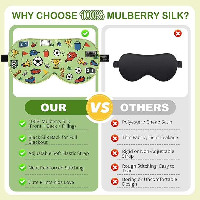 Kids Silk Sleep Mask: 100% Mulberry Silk Eye Mask with Adjustable Strap, Cute Sleeping Blindfold for Boys Girls Teens, Soft & Lightweight Eye Shade for Travel, Nap, Bedtime (Soccer Cute Print)