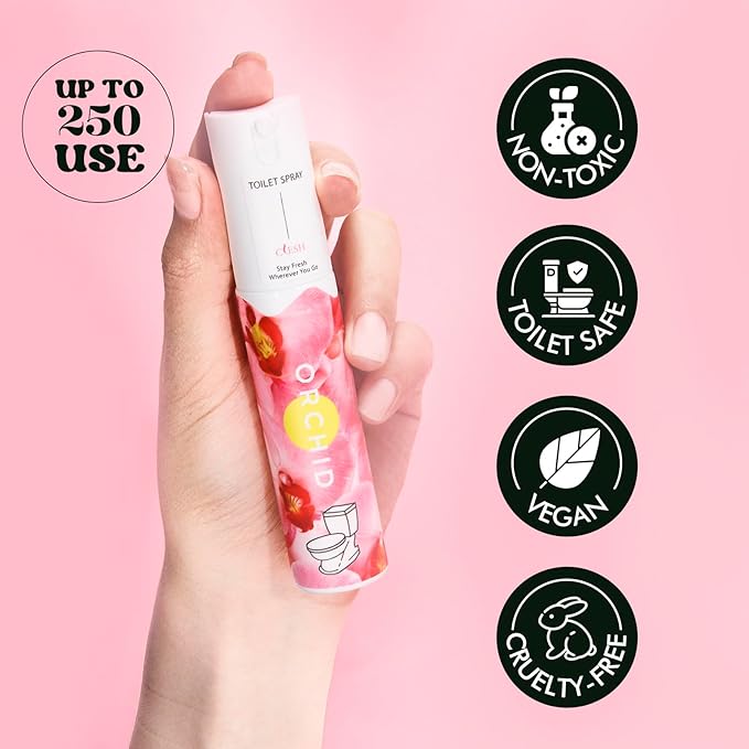 Travel Size Toilet Spray, Bathroom Odor Eliminator, 5 Pack, 1 fl oz Each, Up to 250 Uses, For Home and Travel, Essential Oils Freshener Spray, Orchid, Citrus, Vanilla, Cedar, Lavender