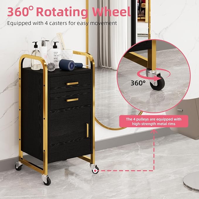 4ever2buy Black and Gold Salon Trolley Cart with Wheels, Salon Cart with Drawers and Cabinet, Rolling Cart for Hair Stylist, Professional Salon Stations Organizer