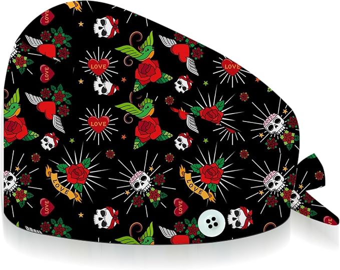Adjustable Scrub Cap with Buttons & Sweatband, Working Hat with Elastic Tie Back, Unisex Nurse Surgical Caps for Women & Men
