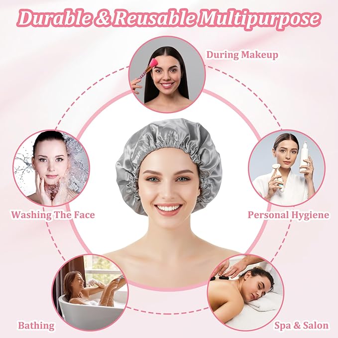 1 Pc Reusable Shower Cap for Women, Grey Double Layer PEVA Lined Waterproof Bath Caps with Adjustable Drawstring, Hair Cap for Short Hair (Spa & Home Use)