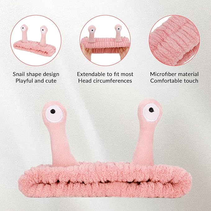 DragonflyDreams Cute Cartoon Snail Headbands, 2 Pack - Coral - Hairband for Washing Face, Skincare Makeup Headbands Women, Soft Microfiber Fleece, Elastic Headband, Hair Accessories for Women