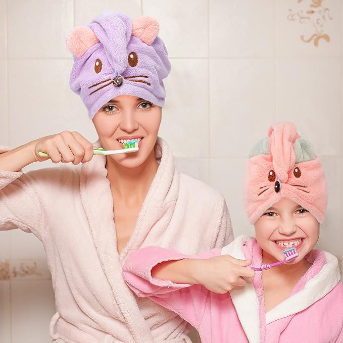 Whaline 2 Pack Parent-Child Quick Dry Hair Towel Cute Mouse Hair Towel Wrap Purple Pink Cotton Hair Turban Towels Super Absorbent Hair Drying Towel for Women Parent Kids Curly Long Thick Hair