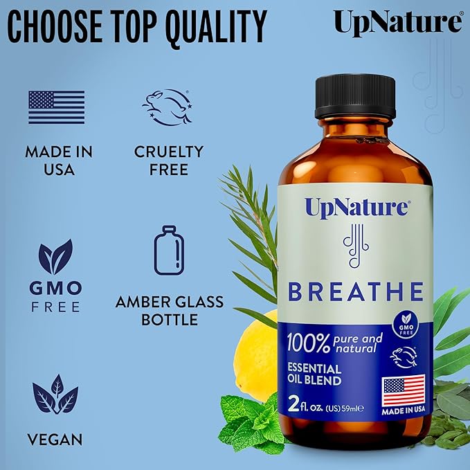 UpNature Breathe Essential Oils Blend (Large 2oz) Breath Relief Eucalyptus and Menthol Blend - Essential Oils for Diffusers for Home Humidifier - Vaporizer Liquid Aromatherapy Oils