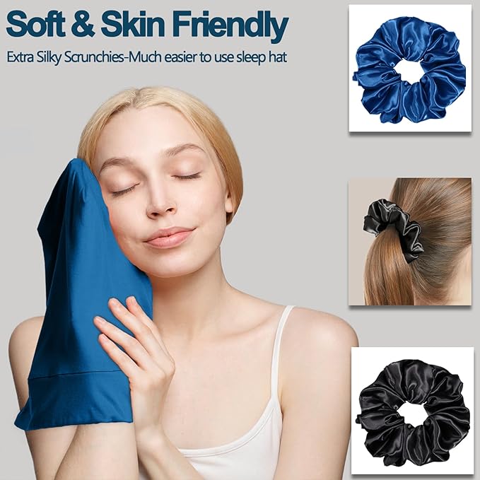 Sleep Cap Bonnet for Sleeping, Adjustable Cooling Ice Silk Lined Hair Bonnets for Natural Curly Braids Beanie Hat Women Men