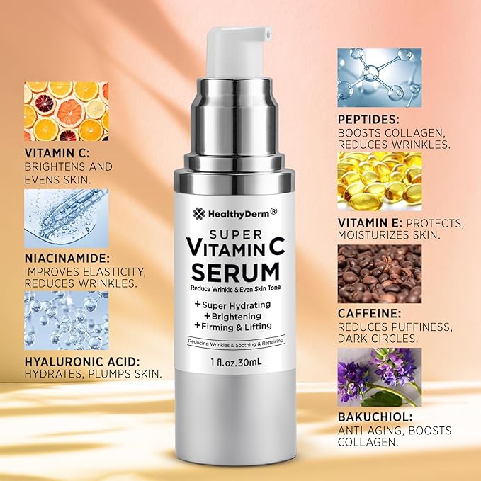 HealthyDerm Super Vitamin C Serum for Women Over 70: Niacinamide, Vitamin C, Hyaluronic Acid, Peptides, Vitamin E, Caffeine, Bakuchiol, Hydrating, Lifting, Face Wrinkle & Age Spots Reduction