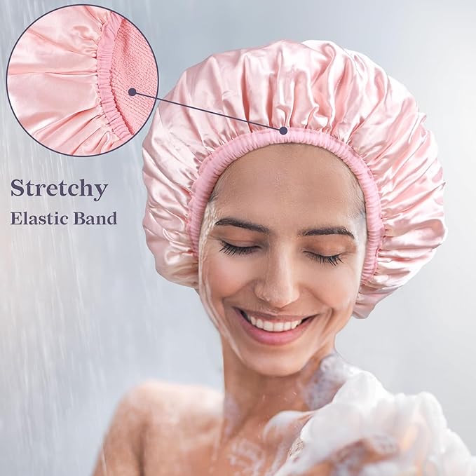 Three-Layer Terry Cloth Lined Satin Shower Cap, with Silk Hair Ties, Microfiber Waterproof Reusable Large Size Shower Cap for Women Long Thick Hair (Pink)