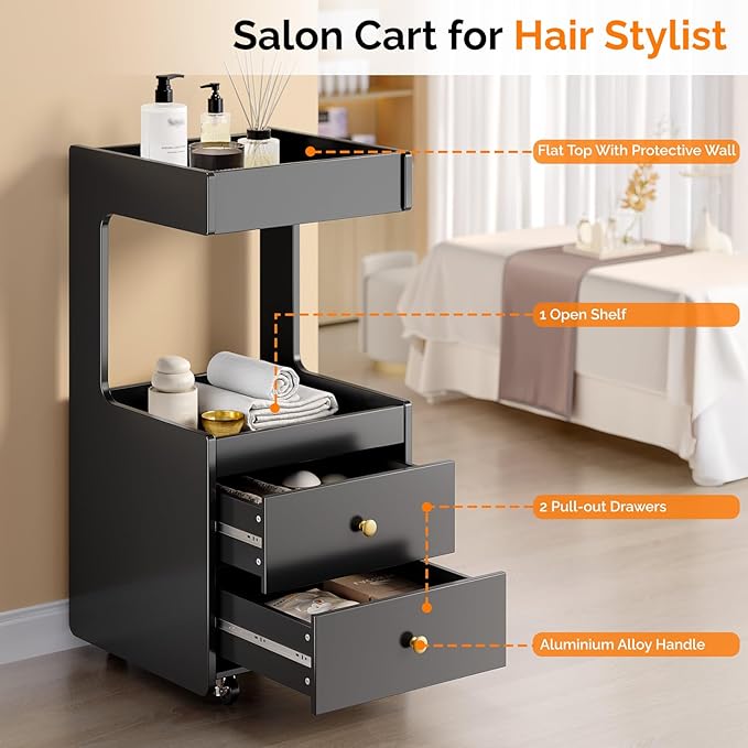 Salon Trolley Cart, Esthetician Cart with 2 Drawer & 2 Trays, 2 Lockable Wheels Hair Styling Station, Tool Organizer Storage Cabinet for Beauty Spa Barbershop, Black