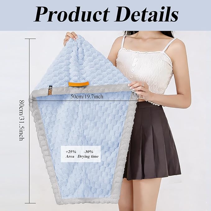 Hair Drying Towels, 19.7x31.5 inch Hair Towels with Elastic Strap, Extra Large Hair Towel Wrap for Women, Super Soft Hair Drying Towels for Long, Thick, Curly Hair, Anti-Frizz Turbans, Blue Color.
