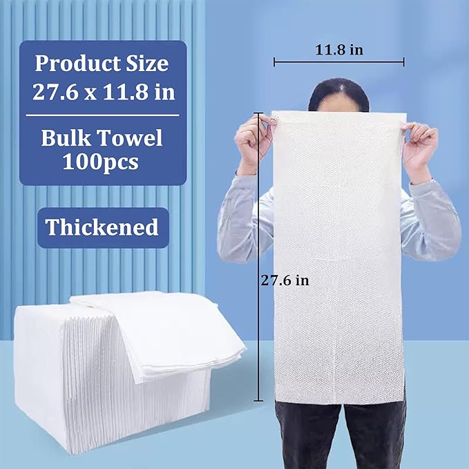 Disposable Bath Hair Towels, 100-Count 12" x 28", Thick Pearl Texture, Soft & Absorbent Salon Spa Towels(White)