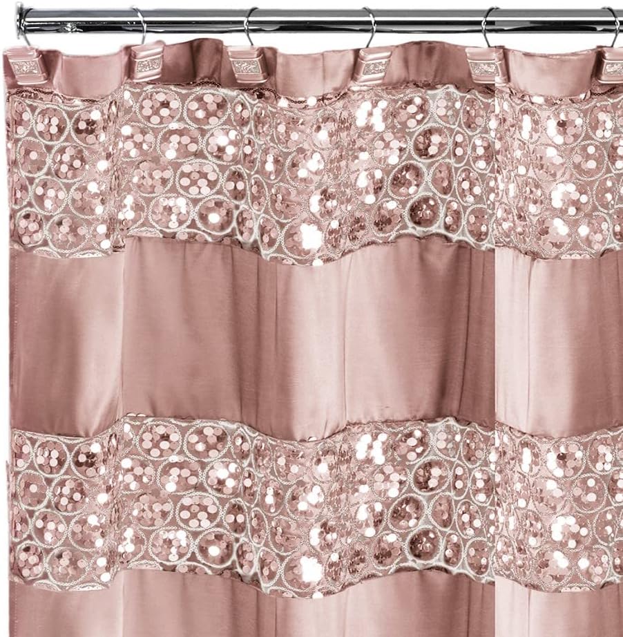 Zahari Home 13pc Sinatra Bathroom Shower Curtain Set - Blush Luxury Fabric With 12 Hooks - Unique Design Bling - Image 3