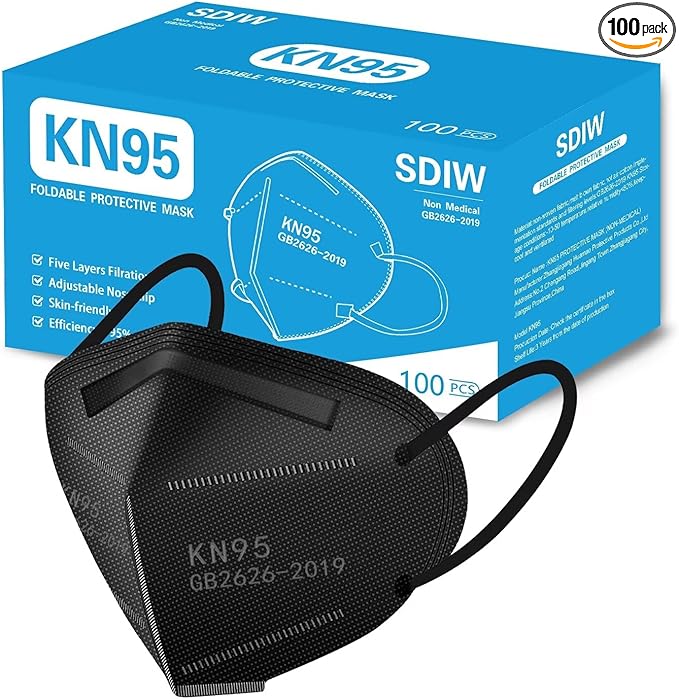 100PCS KN95 Black Face Masks 5 Layer Filter Efficiency≥95% with Elastic Ear Loop and Nose Bridge Clip Breathable Mask