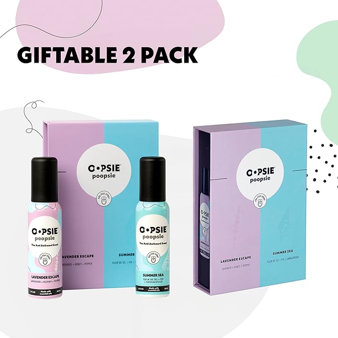 Oopsie Poopsie Toilet Spray – Before & After You Go Bathroom Odor Eliminator & Neutralizer Spray, Travel Size with Essential Oils, TSA Approved – Lavender Scape/Summer Sea 2 Pack – 2 Oz.