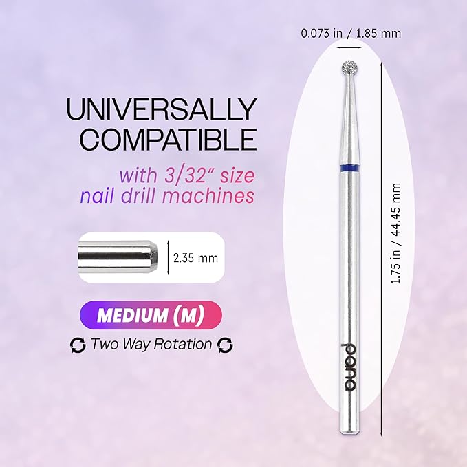PANA 3/32" Diamond Carbide Ball Bit- Style 01, Medium Grit - Professional Cuticle Nail Drill Bits for Acrylic Gel Nails Dry Manicure Pedicure Shape Remove Tools