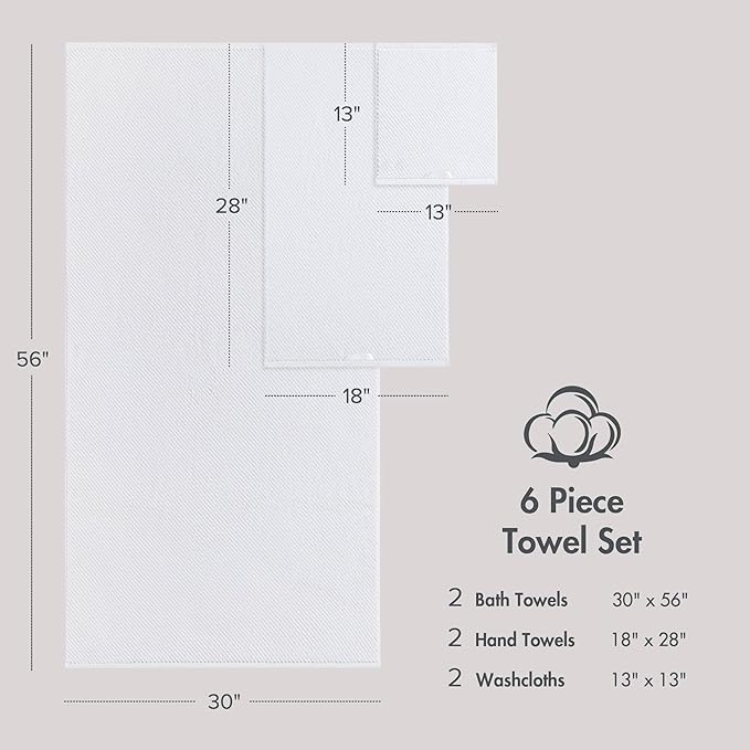 Madison Park Bathroom Towel Set of 6 Diagonal Ribbed, White 100% Cotton Quick Dry & Absorbent| 2 Bath 30" x 56"| 2 Hand 18" x 28"| 2 Washcloths 13" x 13"| Zero Twist, 500 GSM, Oeko-TEX