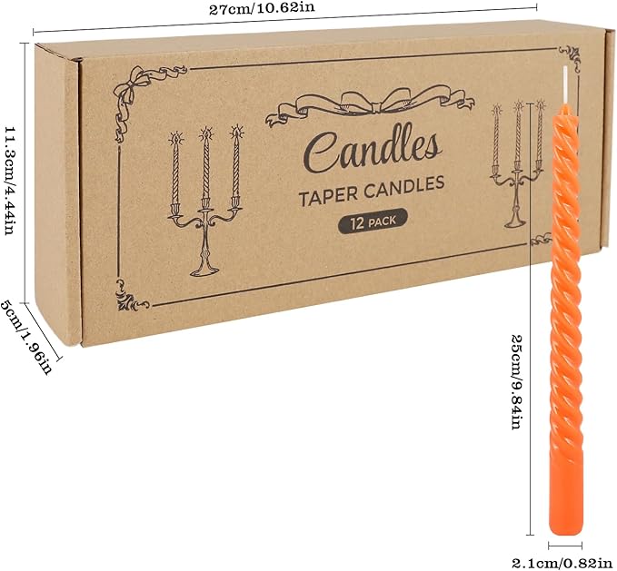 WPONSZU 12 Pack 10 Inch Spiral Taper Candle Set, Unscented Dripless Candlesticks for Dinner,Party Brithday Wedding,Halloween and Home Decoration（Orange ）