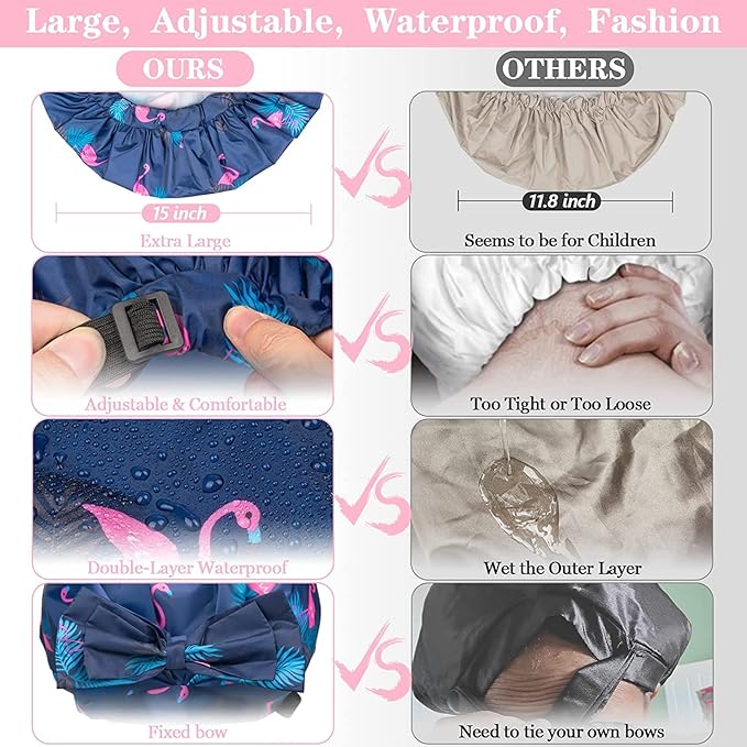 2 PCS Waterproof Shower Caps, Oversized Adjustable Hair Cap with Bow Knot for Women, Reusable Double Layer Waterproof Bathing Cap for Shower, Spa, Makeup, Design for All Hair Lengths/Style