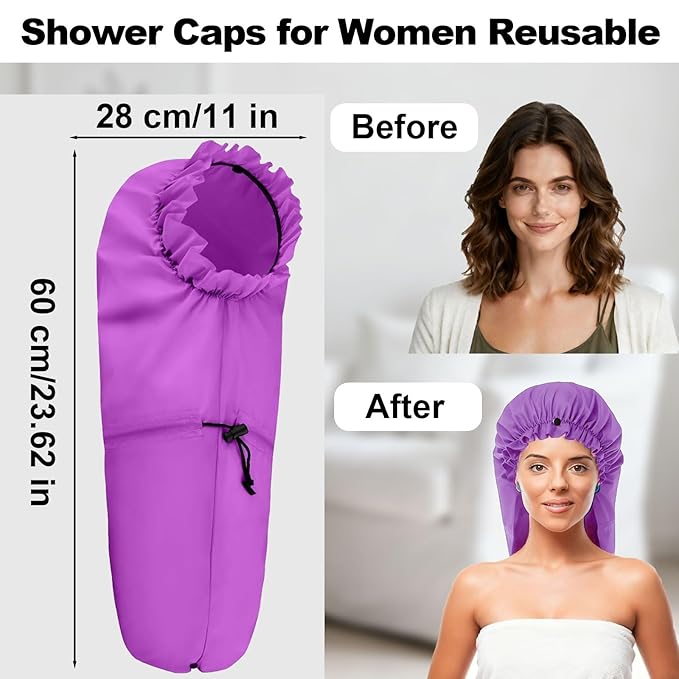 ELEBOX Extra Large Shower Cap for Braids/Curly Hair/Dreadlock | Reusable Waterproof Long Bonnets for Women Shower/Cooking/Cleaning/Spa | XL Bathing Cap with Adjustable Drawstring & Button, Purple