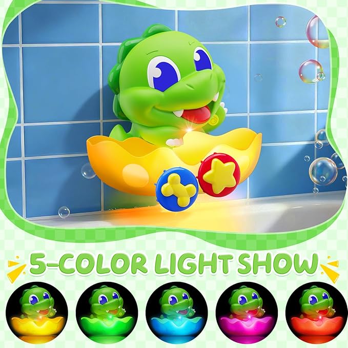 Dinosaur Baby Bath Toys for 1 2 3 Year Old Boys, Dino Bath Bubble Machine with Rainbow Lights & Water Scoop,Fun Toddler Toys Baby Shower Bathtub Toys Birthday Easter Gifts for Kids Age 1-3 Year Old