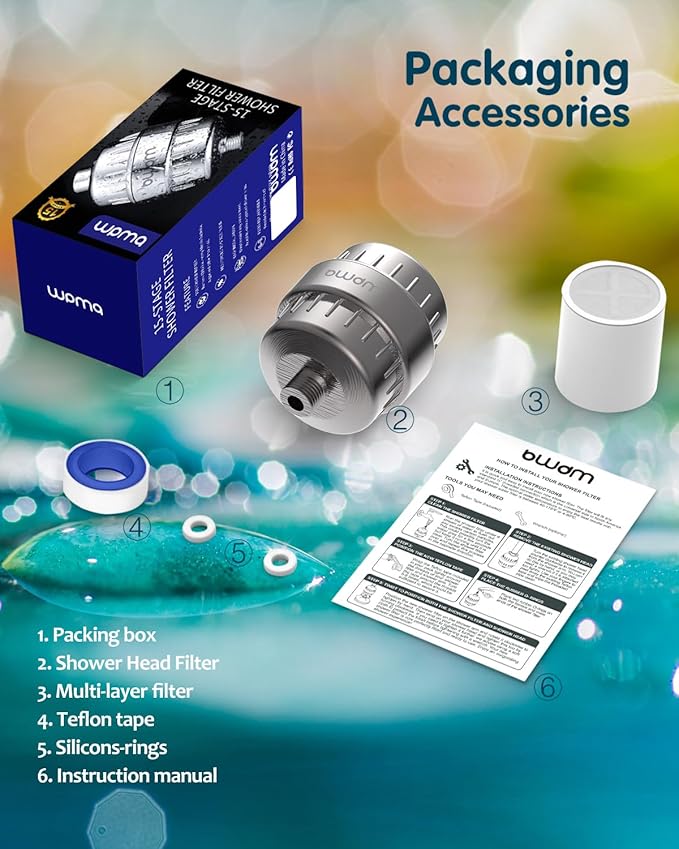 15 Stage Shower Filter Shower Head Filter - Hard Water Filter,Remove Chlorine Heavy Metals and Other Sediments, Vitamin C Water Softener Reduces Dry Itchy Skin,Dandruff (Brushed Nickel)