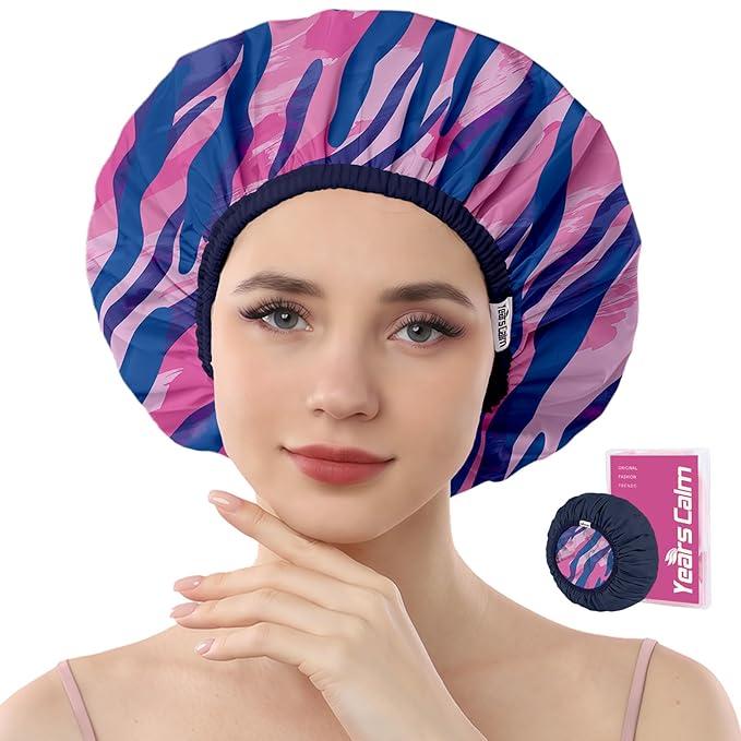 Years calm Waterproof Shower Cap for Women - Double-Layer Reusable Bath Cap with Elastic Band for Long/Short/Curly/Braids Hair, Washable & Travel-Friendly, Fit for Shower, Spa (Stripe Shower Cap)