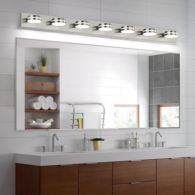 55.12inch Brushed Nickel Vanity Light Fixtures, 7 Light LED Bathroom Vanity Lights Over Mirror, Modern Dimmable Bathroom Wall Lighting for Mirror (Cool White 5500K)
