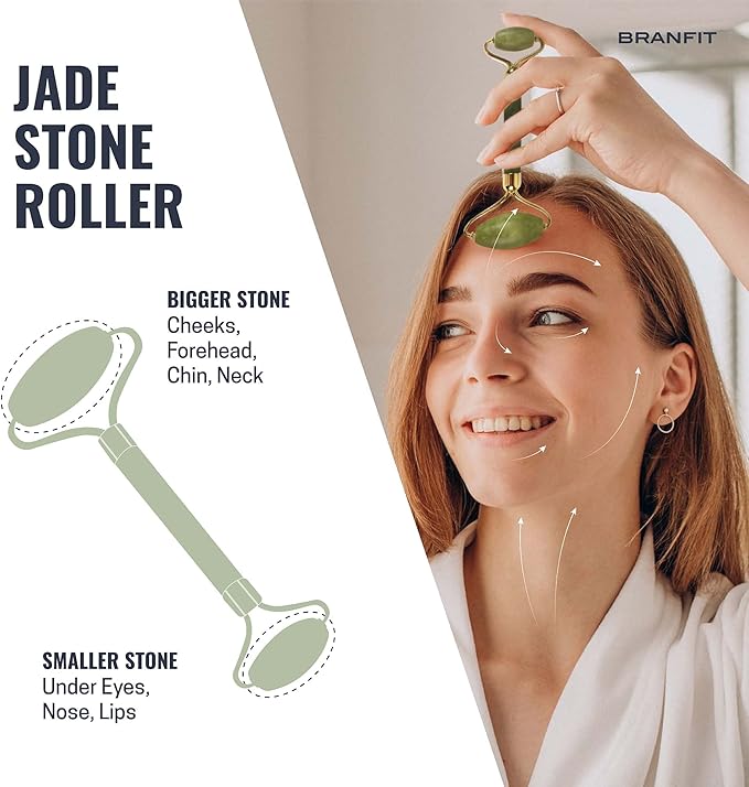 Gua Sha Massage Tool Jade Roller Skin Care Kit by Branfit, 100% Natural Jade Roller Beauty Product for Anti-Aging & Anti-Wrinkle Treatment, Massager Wand for Neck and Puffy Eye Area