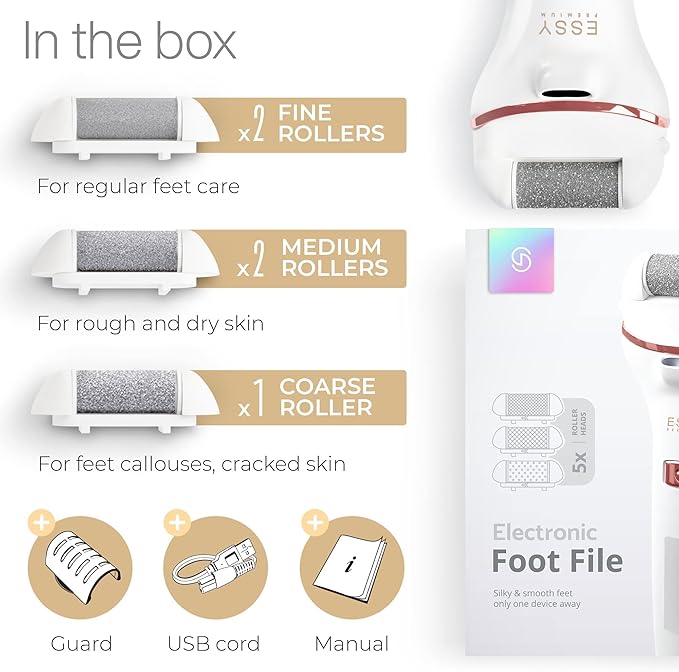Essy Electric Foot File Hard Skin Remover with 5 Replacement Rollers Foot File Electric Pedicure Sets Cutters Accessories for Dry Dead Hard Skin Feet Callus Remover for Feet Care Exfoliator (White)