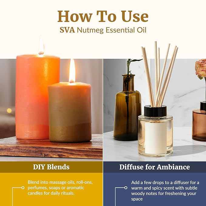 SVA Nutmeg Essential Oil – 4 Fl Oz – 100% Natural Nutmeg Oil - for Diffuser, Hair Care, Face, Skin Care, Aromatherapy, Scalp and Body Massage, Soap and Candle Making – with Dropper