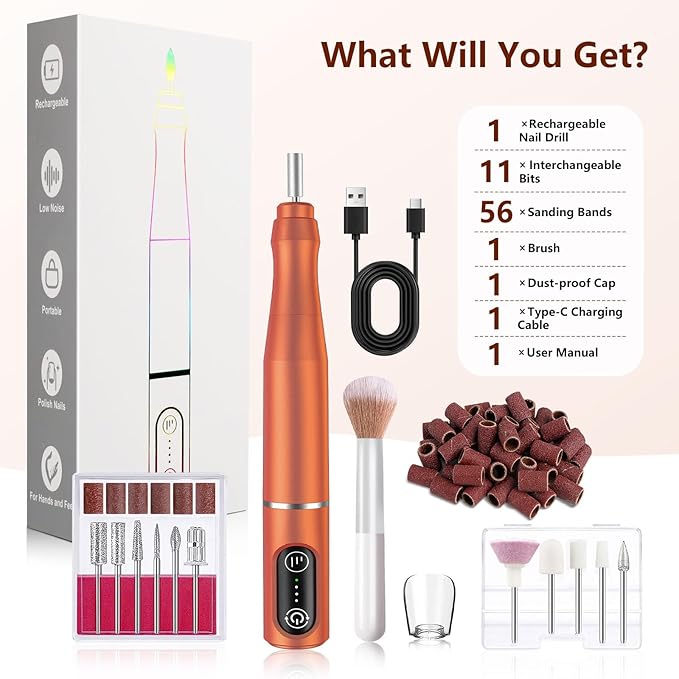 TUOBEO Cordless Nail Drill Electric Rechargeable File Kit, Professional Efile Acrylic Gel Nail Polish Remover Pedicure Manicure Machine Portable Set with 11 Bits 56 Sanding Bands for Salon Orange