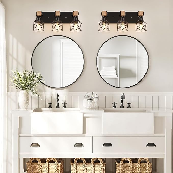 FadimiKoo 3-Light Farmhouse Vanity Light for Bathroom, Wood Bathroom Light Fixtures Over Mirror, Industrial Black Vanity Light with Metal Lampshade for Bedroom Hallway Living Room