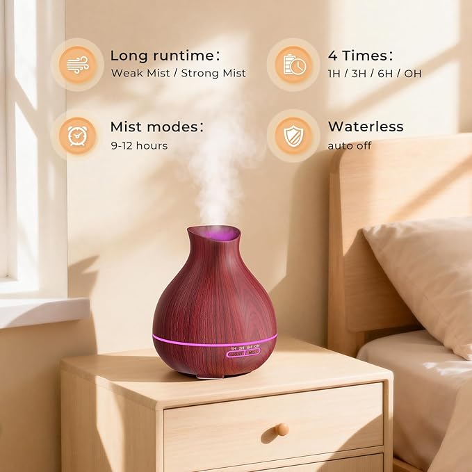 BZseed Aromatherapy Essential Oil Diffuser 550ml 12 Hours Wood Grain Aroma Diffuser with Timer Cool Mist Humidifier for Large Room, Home, Baby Bedroom, Waterless Auto Shut-off,7 Colors Lights Changing