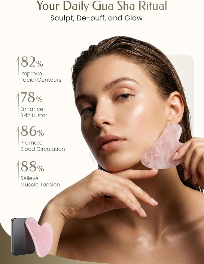 Gua Sha Facial Tool – Pink Stone Guasha Tool for Face & Neck – Face Massager Tool for Lymphatic Drainage, Puffiness Reduction & Jawline Sculpting (Pink)