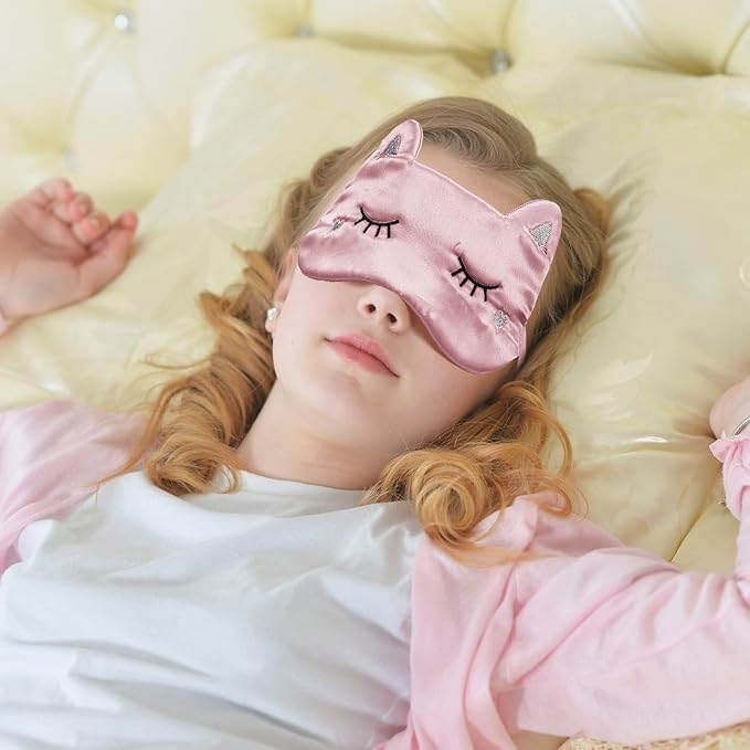 Haysandy 3 Pieces Sleep Mask for Kids Girls Cute Cat Sleeping Eye Cover Soft Mask Comfortable Funny Animal Night Eye Blindfold Cover for Kids Girls Women Home Travel(Silk Cat)