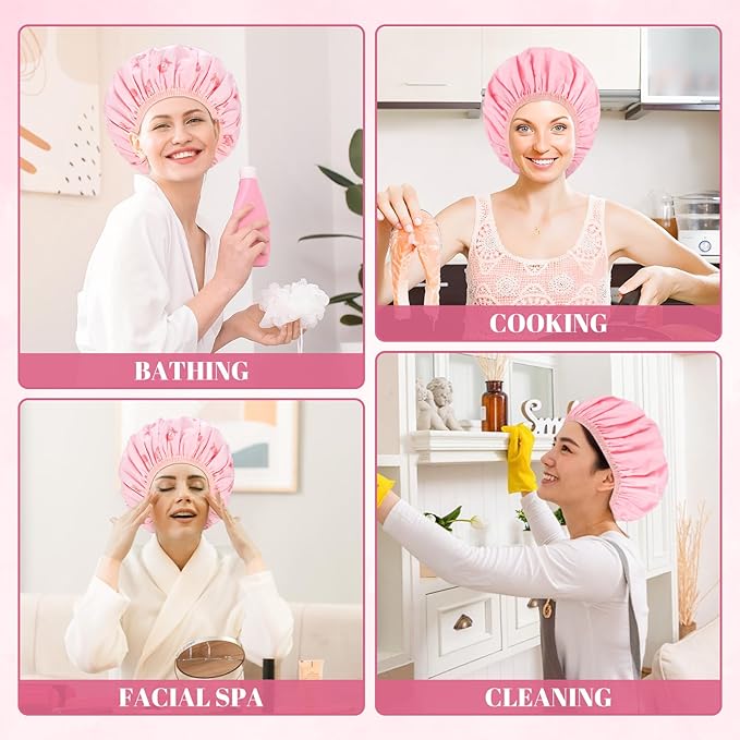 Large Double-Sided Shower Cap for Women, 2-in-1 Reusable Waterproof Cherry Print Bath Cap Pink Mothers Day Gifts from Daughter for Mom Women Girls Long Thick Hair