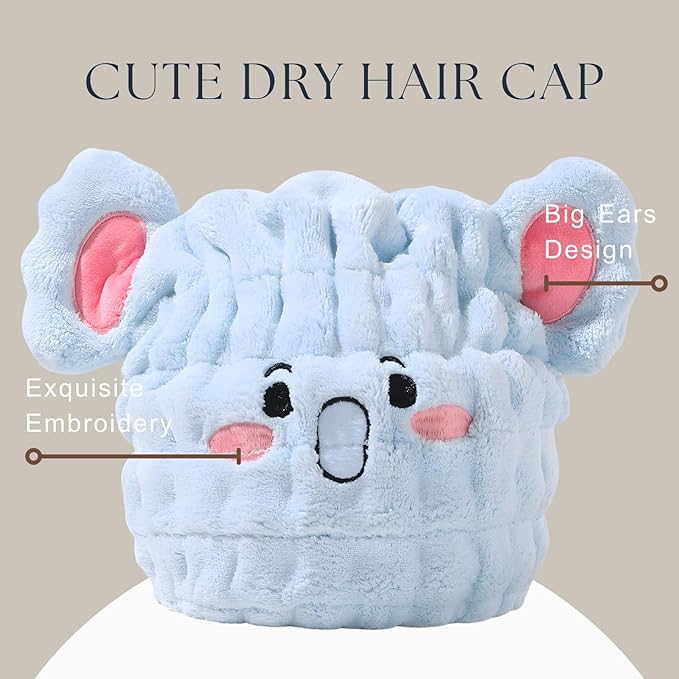 Microfiber Hair Towel Wrap for Kids, Blue Elephant Dry Hair Cap Suck Water, Absorbent Quick Girls Boys Hair Drying Towel, Lightweight Bouncy Hat Headscarf