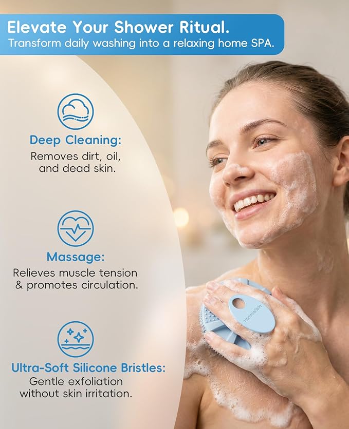 1 Pack Soft Silicone Shower Brush Body Wash Bath Exfoliating Skin Massage Scrubber, Dry Skin Brushing Glove Loofah, Fit for Sensitive and All Kinds of Skin(Sky Blue)