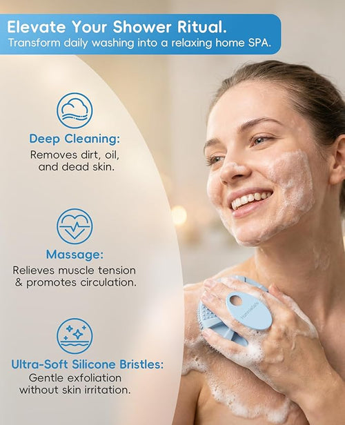 1 Pack Soft Silicone Shower Brush Body Wash Bath Exfoliating Skin Massage Scrubber, Dry Skin Brushing Glove Loofah, Fit for Sensitive and All Kinds of Skin(Sky Blue)