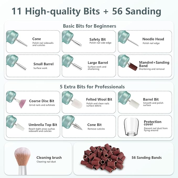 TUOBEO Cordless Nail Drill Electric Rechargeable File Kit, Professional Efile Acrylic Gel Nail Polish Remover Pedicure Manicure Machine Portable Set with 11 Bits 56 Sanding Bands for Salon Mint Green