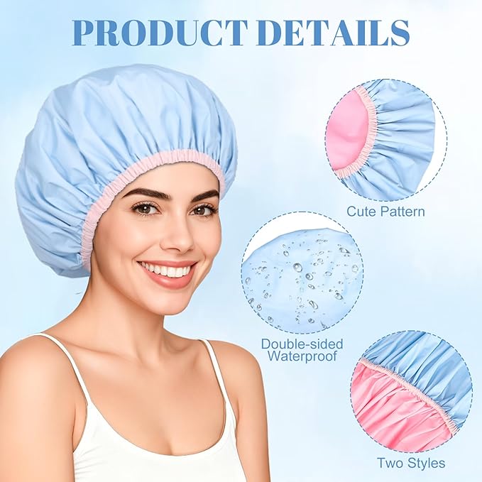 Pengxiaomei Double-Sided Shower Cap for Women, 2 in 1 Reusable Waterproof Bath Cap for Women Girls Long Thick Hair