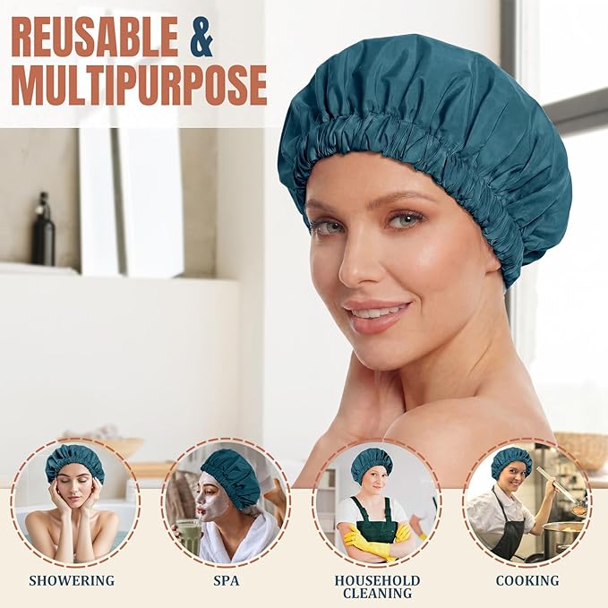 Reusable Shower Cap for Women, Large Waterproof Shower Bonnet with Elastic Band, Washable Bath Hair Cap for Long, Curly Hair, Braids, Daily Shower, Home Spa, Travel(Bamboo Moon Blue)