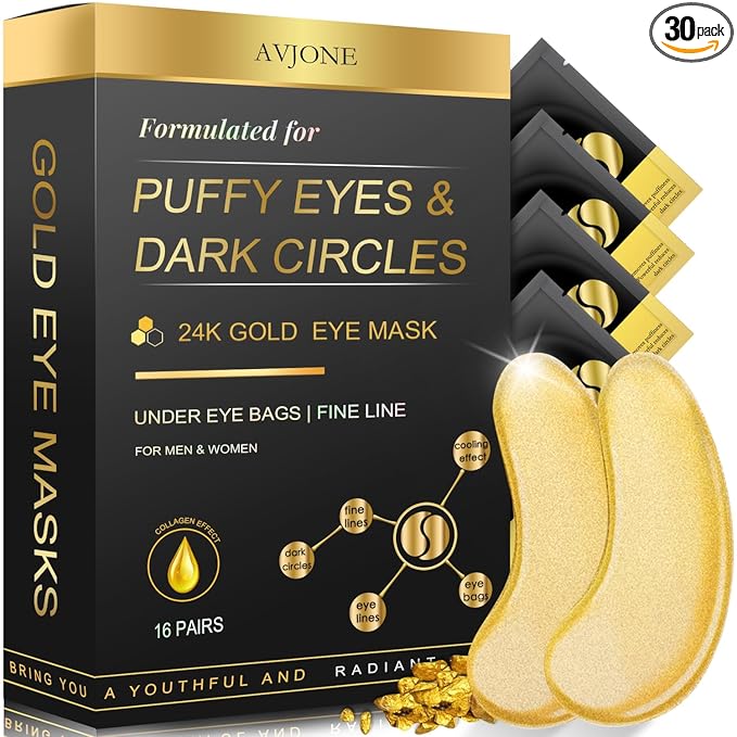 AVJONE 24K Gold Under Eye Patches (16 Pairs), Collagen Eye Masks for Dark Circles and Puffiness, Eye Patches for Women Puffy Eyes, Revitalizes and Refreshes Your Skin